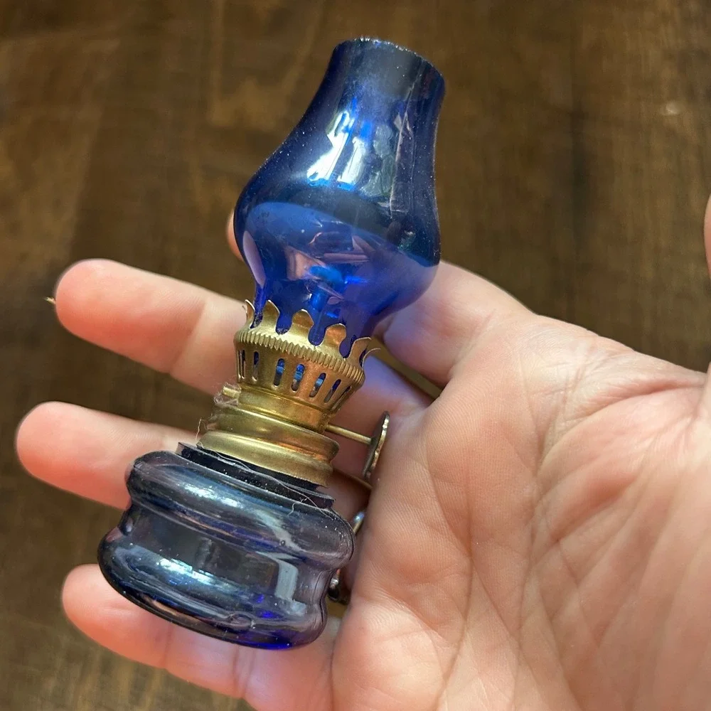 Vintage Cobalt Blue Glass Miniature Oil Lamps Set of 2 Tiny Decor